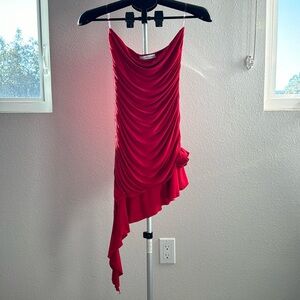 Red strapless a symmetrical dress either rose fabric detail